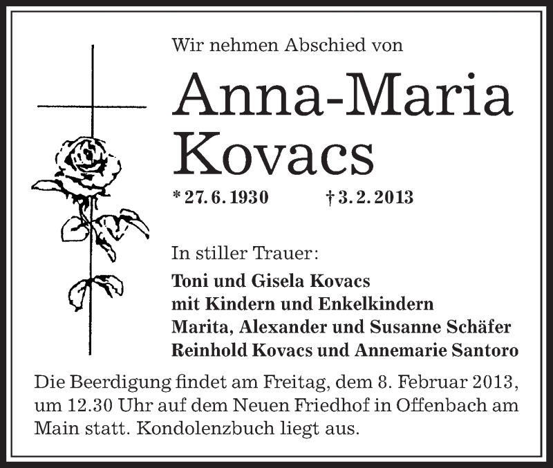 Traueranzeigen Von Anna Maria Kovacs Trauer Op Online De