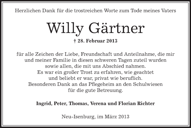 Traueranzeigen Von Willy G Rtner Trauer Op Online De