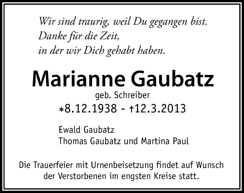 Traueranzeigen Von Marianne Gaubatz Trauer Op Online De