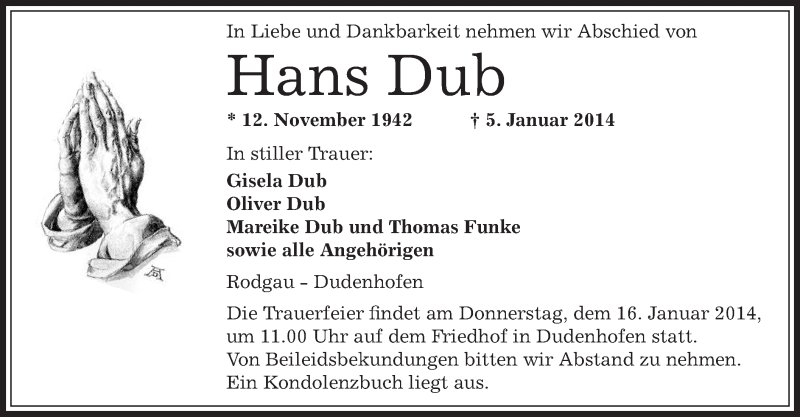 Traueranzeigen Von Hans Dub Trauer Op Online De