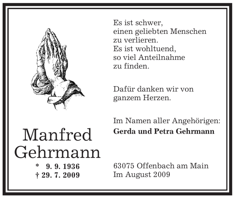 Traueranzeigen Von Manfred Gehrmann Trauer Op Online De