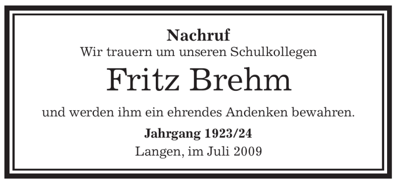 Traueranzeigen Von Fritz Brehm Trauer Op Online De