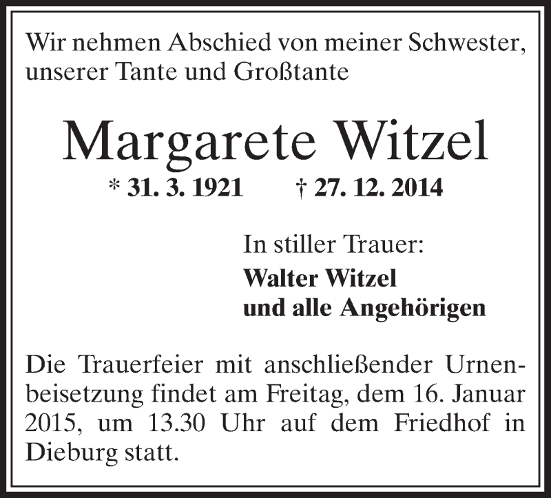 Traueranzeigen Von Margarete Witzel Trauer Op Online De