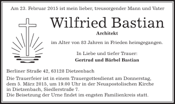 Traueranzeigen Von Wilfried Bastian Trauer Op Online De