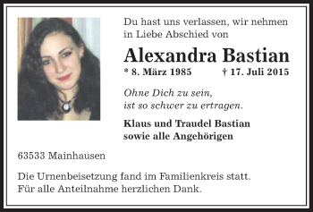 Traueranzeigen Von Alexandra Bastian Trauer Op Online De