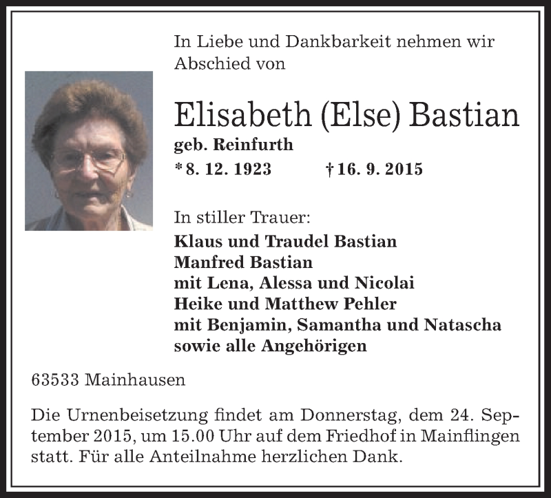 Traueranzeigen Von Elisabeth Bastian Trauer Op Online De