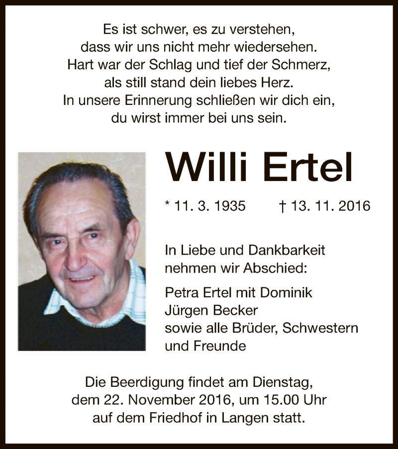 Traueranzeigen Von Willi Ertel Trauer Op Online De