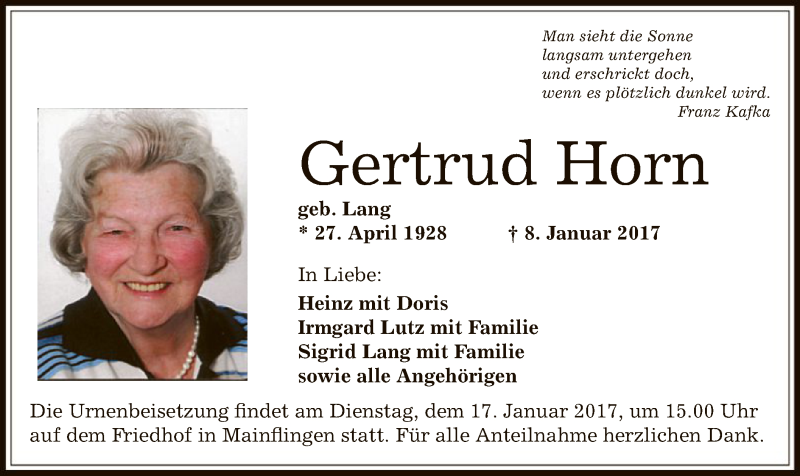 Traueranzeigen Von Gertrud Horn Trauer Op Online De