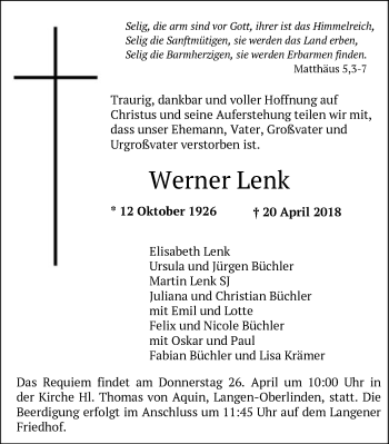 Traueranzeigen Von Werner Lenk Trauer Op Online De