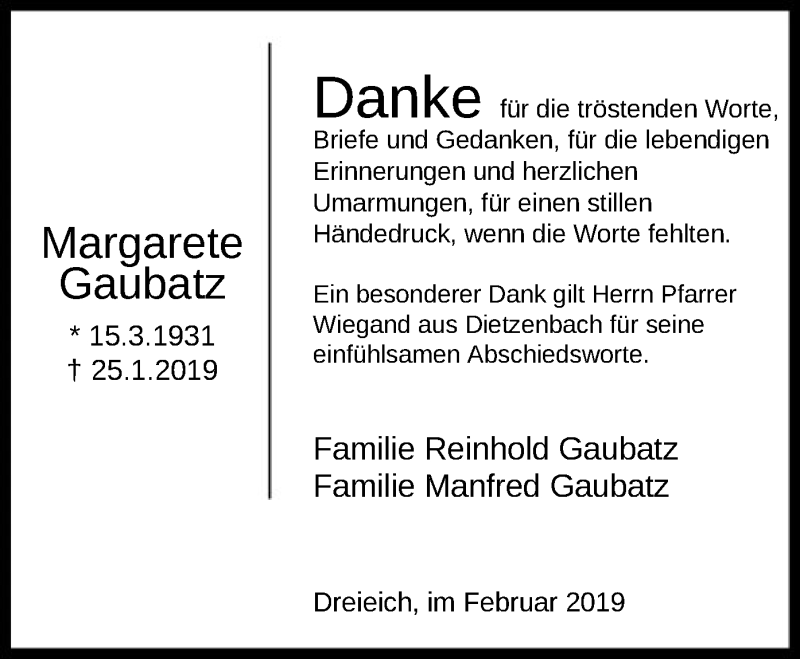 Traueranzeigen Von Margarete Gaubatz Trauer Op Online De