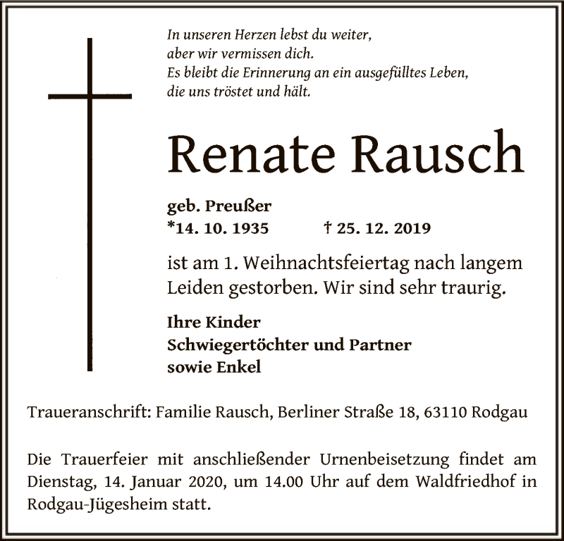 Traueranzeigen Von Renate Rausch Trauer Op Online De