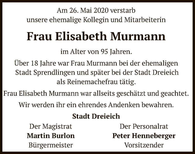 Traueranzeigen Von Elisabeth Murmann Trauer Op Online De