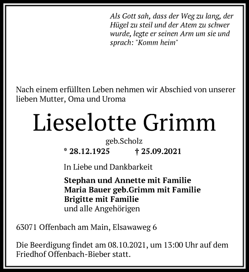 Traueranzeigen Von Lieselotte Grimm Trauer Op Online De