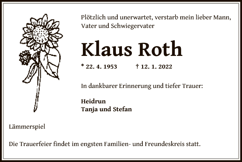 Traueranzeigen Von Klaus Roth Trauer Op Online De