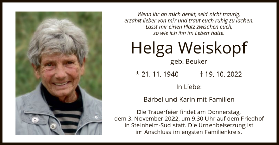 Traueranzeigen Von Helga Weiskopf Trauer Op Online De