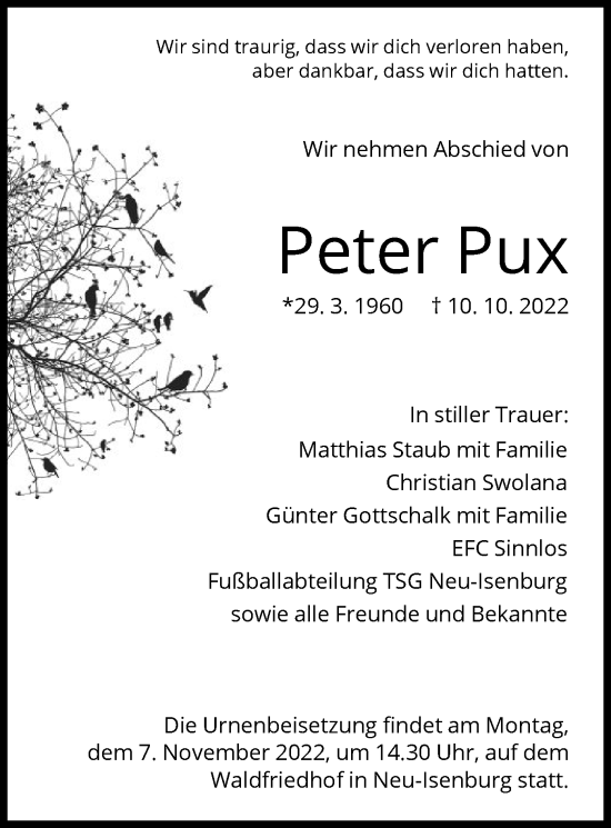 Traueranzeigen Von Peter Pux Trauer Op Online De