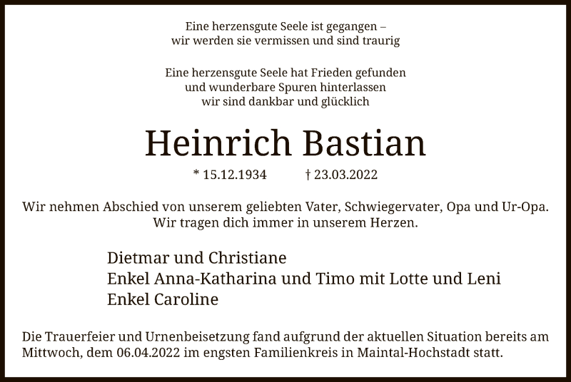 Traueranzeigen Von Heinrich Bastian Trauer Op Online De