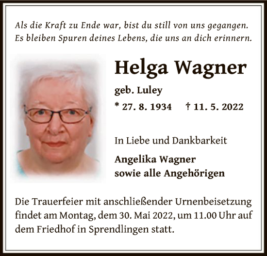 Traueranzeigen Von Helga Wagner Trauer Op Online De