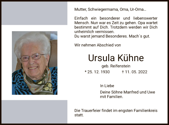 Traueranzeigen von Ursula Kühne trauer op online de