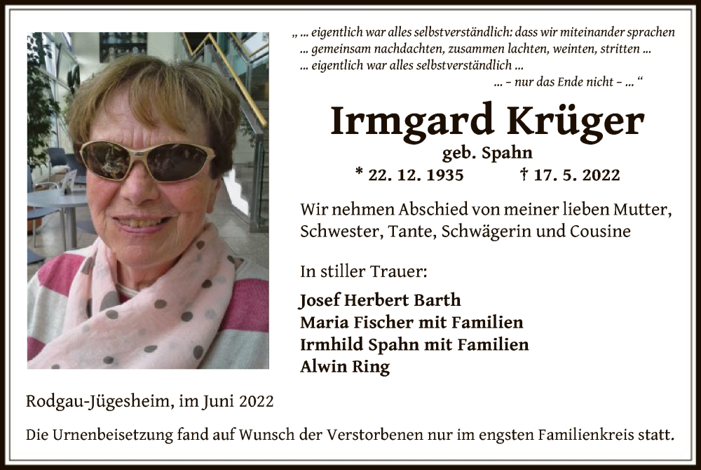 Traueranzeigen von Irmgard Krüger trauer op online de