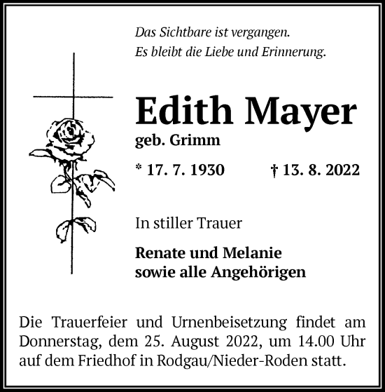 Traueranzeigen Von Edith Mayer Trauer Op Online De