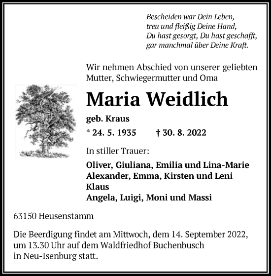 Traueranzeigen Von Maria Weidlich Trauer Op Online De