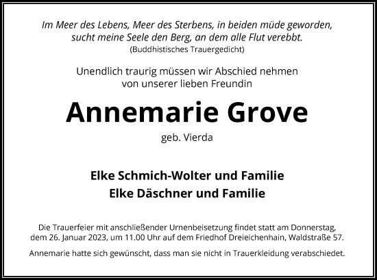 Traueranzeigen Von Annemarie Grove Trauer Op Online De