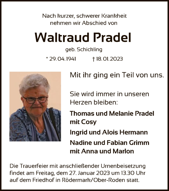 Traueranzeigen Von Waltraud Pradel Trauer Op Online De