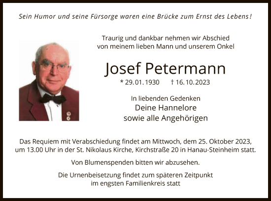 Traueranzeigen Von Josef Petermann Trauer Op Online De