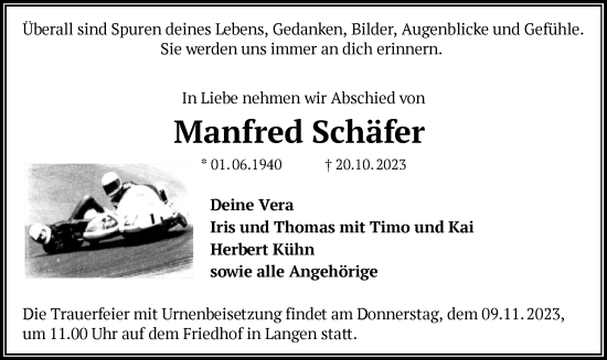 Traueranzeigen von Manfred Schäfer trauer op online de