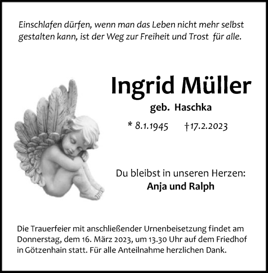 Traueranzeigen von Ingrid Müller trauer op online de