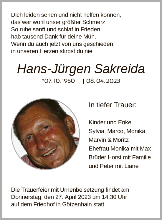 Traueranzeigen von Hans Jürgen Sakreida trauer op online de