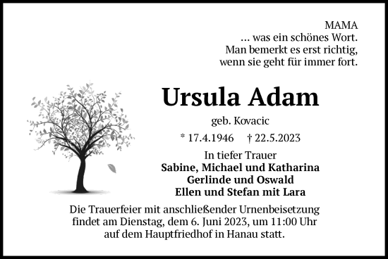 Traueranzeigen Von Ursula Adam Trauer Op Online De