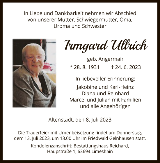 Traueranzeigen Von Irmgard Ullrich Trauer Op Online De