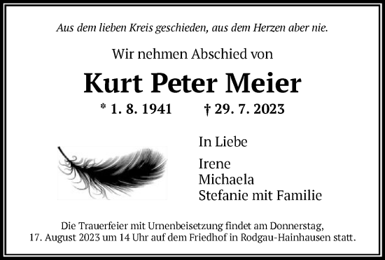 Traueranzeigen Von Kurt Peter Meier Trauer Op Online De