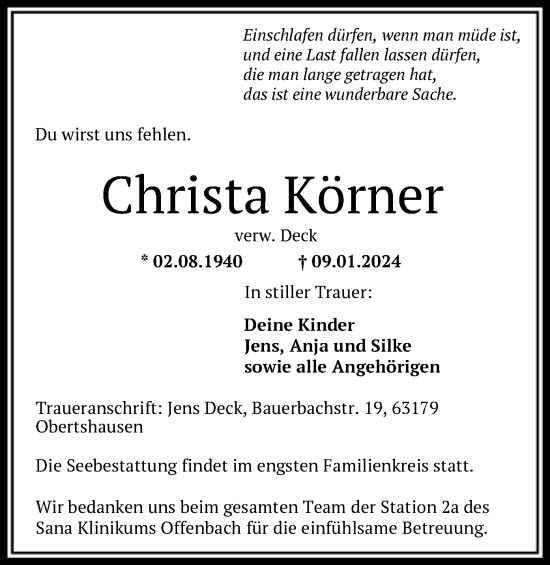 Traueranzeigen Von Christa K Rner Trauer Op Online De