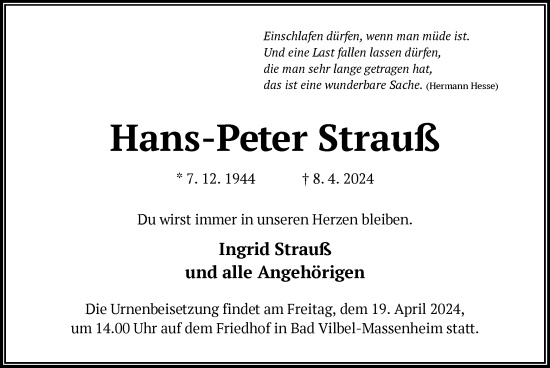 Traueranzeige von Hans-Peter Strauß von OF