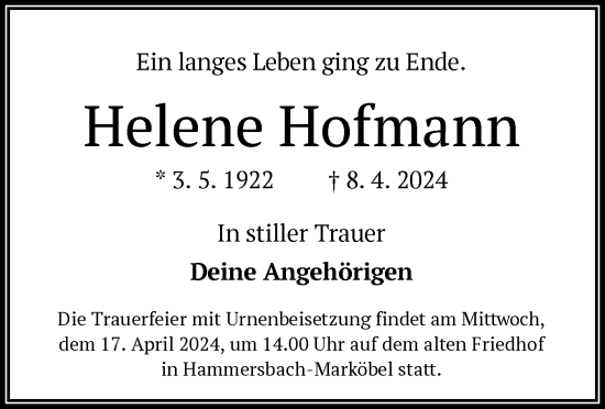 Traueranzeige von Helene Hofmann von OF
