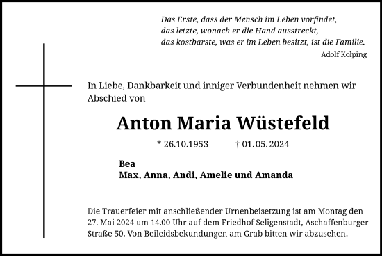 Traueranzeige von Anton Maria Wüstefeld von OF