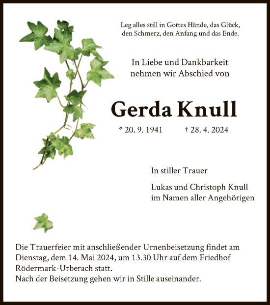 Traueranzeige von Gerda Knull von OF