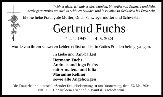 Traueranzeige von Gertrud Fuchs von OF