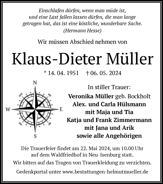 Traueranzeige von Klaus-Dieter Müller von OF