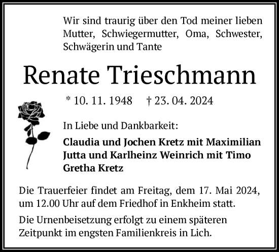 Traueranzeige von Renate Trieschmann von OF
