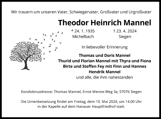 Traueranzeige von Theodor Heinrich Mannel von OF