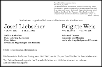 Traueranzeige von Josef Liebscher Brigitte Weis von OFFENBACH-POST/HANAU-POST