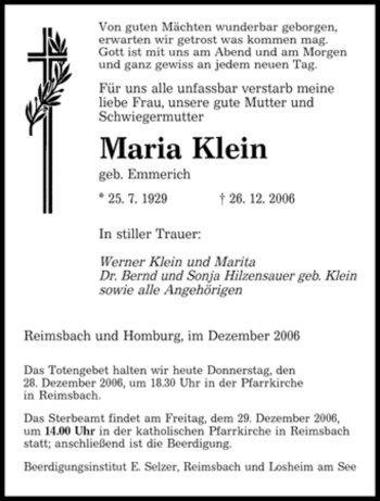 Traueranzeige von Maria Klein von OFFENBACH-POST/HANAU-POST