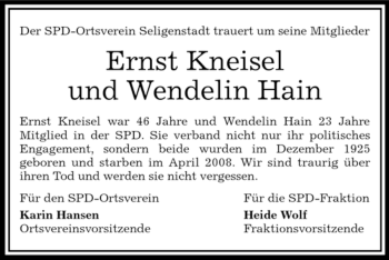 Traueranzeige von Wendelin Hain Ernst Kneisel von OFFENBACH-POST/HANAU-POST