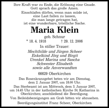 Traueranzeige von Maria Klein von OFFENBACH-POST/HANAU-POST