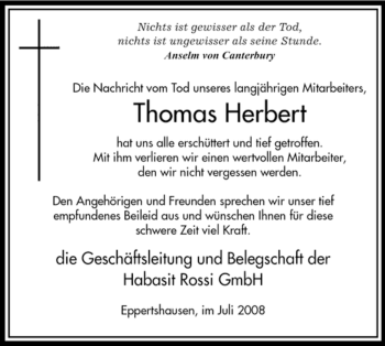 Traueranzeige von Thomas Herbert von OFFENBACH-POST/HANAU-POST