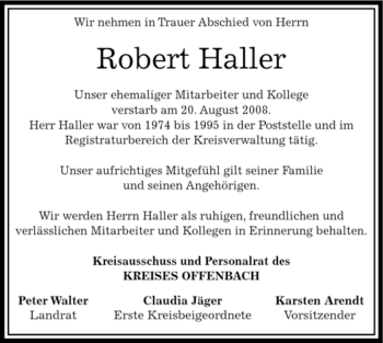 Traueranzeige von Robert Haller von OFFENBACH-POST/HANAU-POST